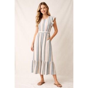 For Cynthia Linen Blend Dress Striped Midi Flutter Sleeve Cottage Coastal Size M